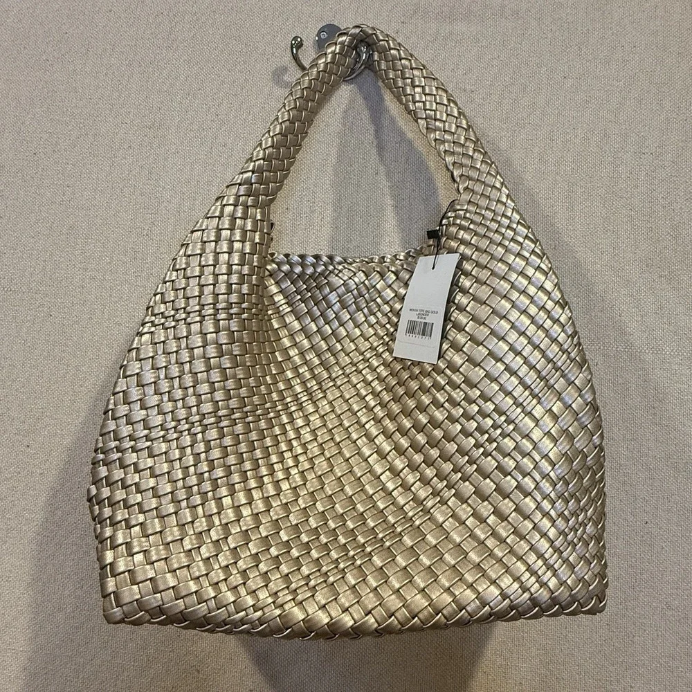 Large Woven Tote Bag Metallic Gold Shoulder Bag Purse-New with Tags & Beautiful! - Picture 8 of 9